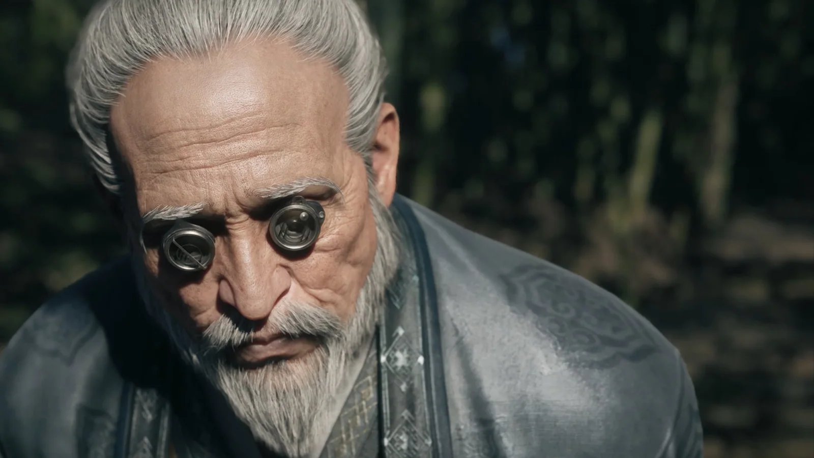 An elderly character wearing mechanical spectacles