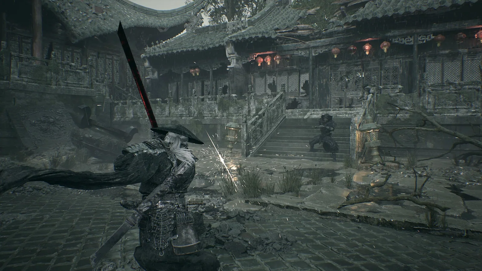 Combat among wet stone ruins