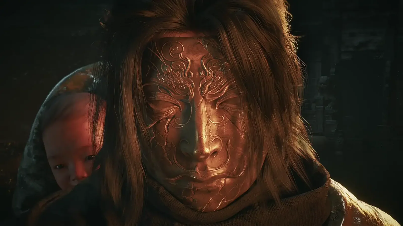 A masked warrior lit by copper light in Phantom Blade Zero
