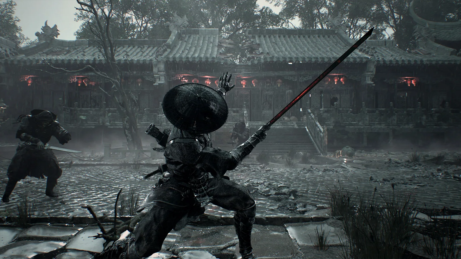 A weapon exchange among ruined stone buildings