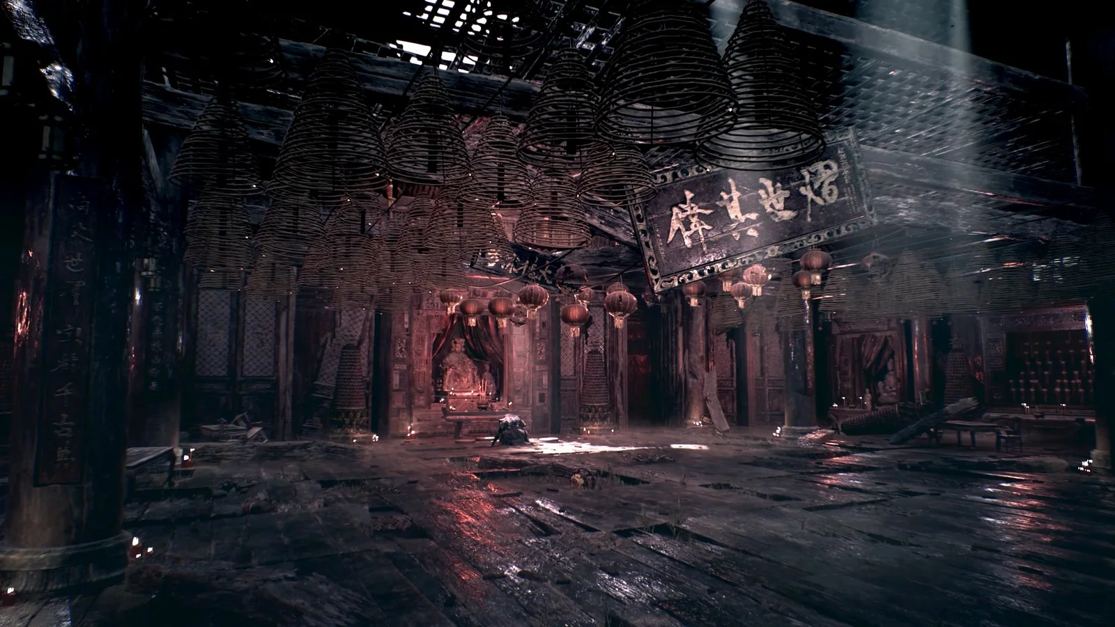 A dim temple interior in the Phantom World