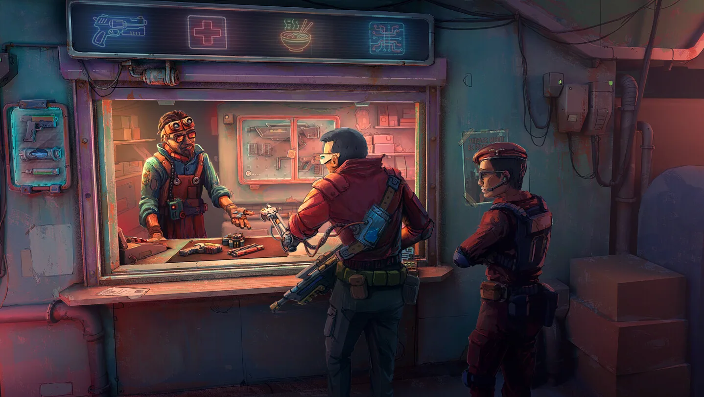 Store art: a goggled shopkeeper sets goods on the counter while an armed customer and a Security officer wait at the window