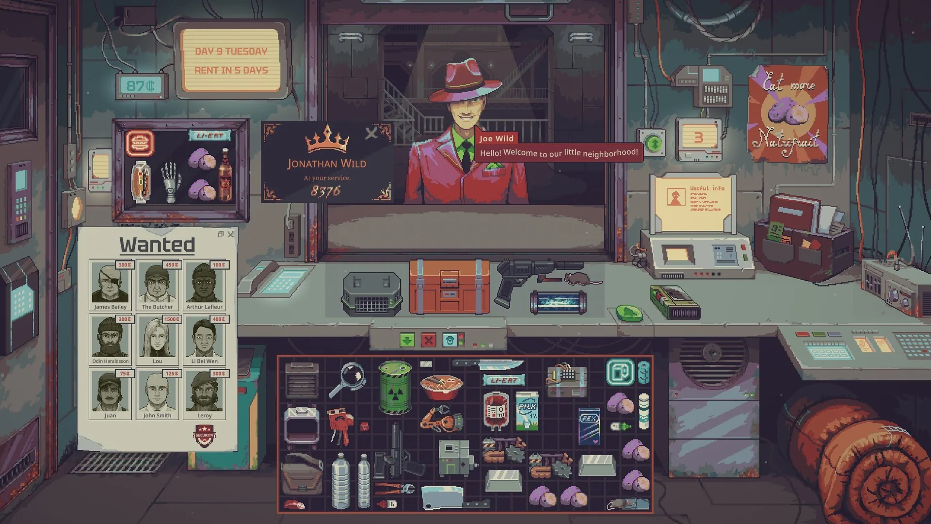 Shop counter on day 9 with Joe Wild at the window, the Security wanted board on the left and the inventory grid below