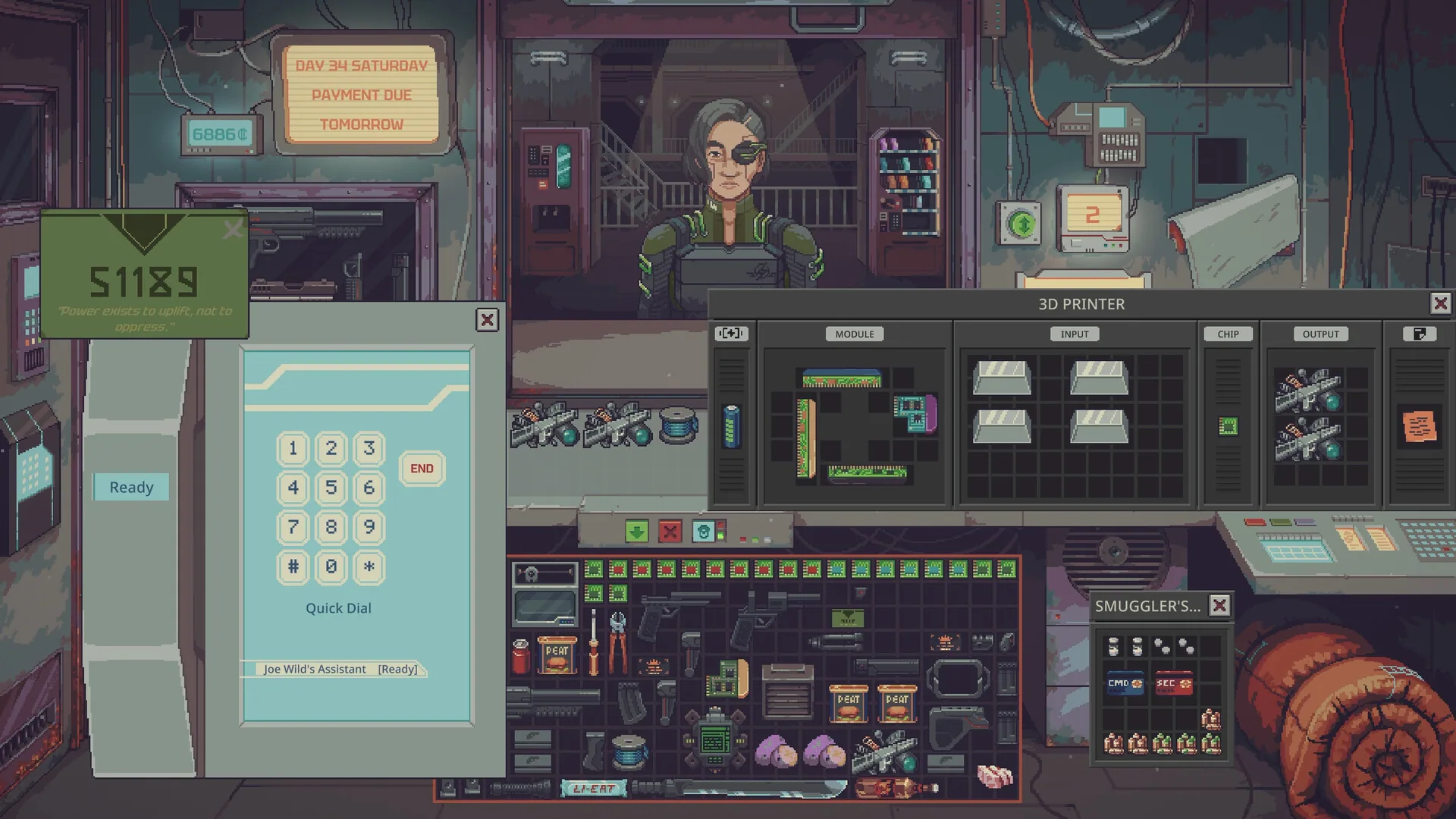 3D Printer window with modules and metal ingots, the quick-dial phone and a rent counter reading payment due tomorrow