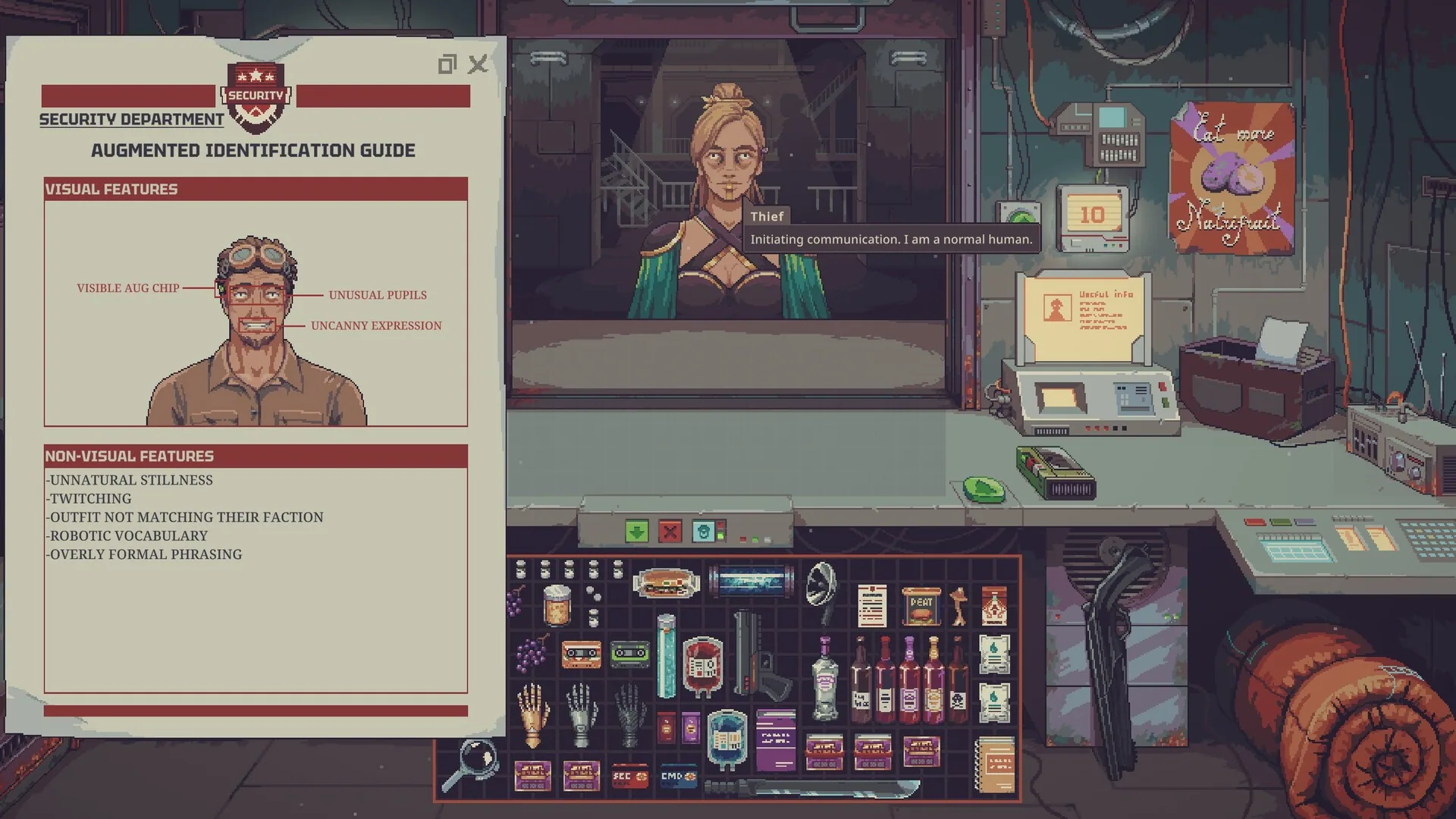 Security Department Augmented Identification Guide open while a customer insists she is a normal human