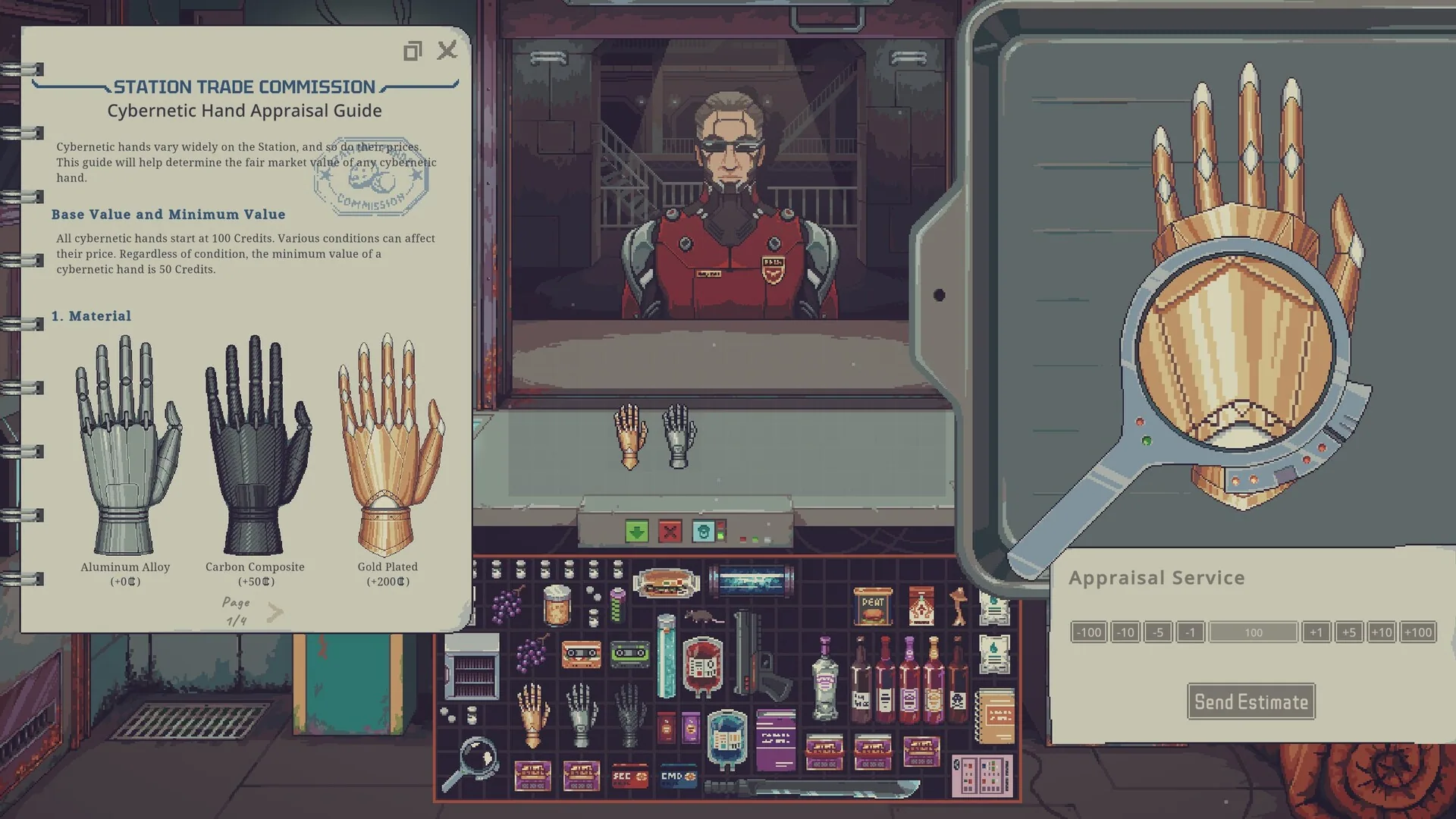 Cybernetic Hand Appraisal Guide open beside a magnified gold-plated hand and the Appraisal Service estimate panel
