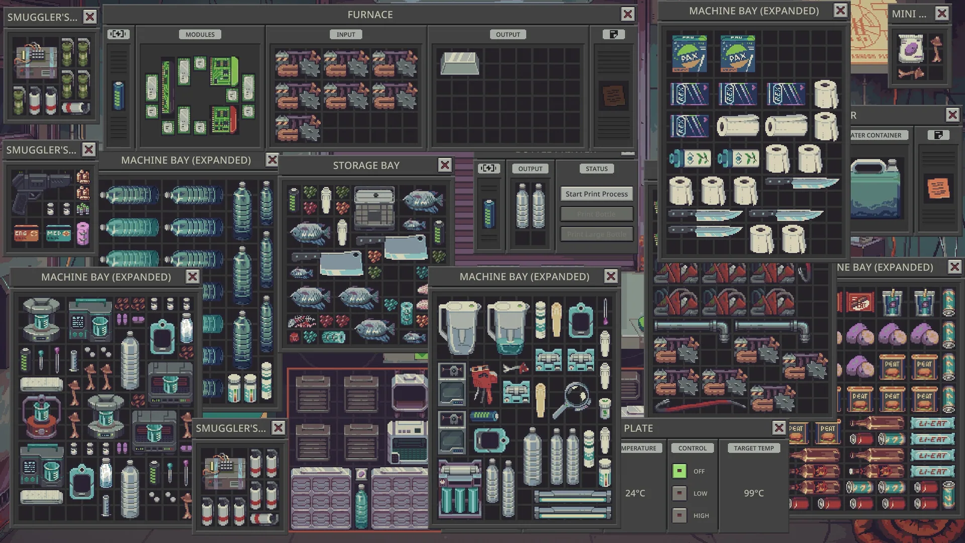 Furnace, storage bay, bottle printer and several expanded machine bays open at once, packed with water bottles, fish and produce
