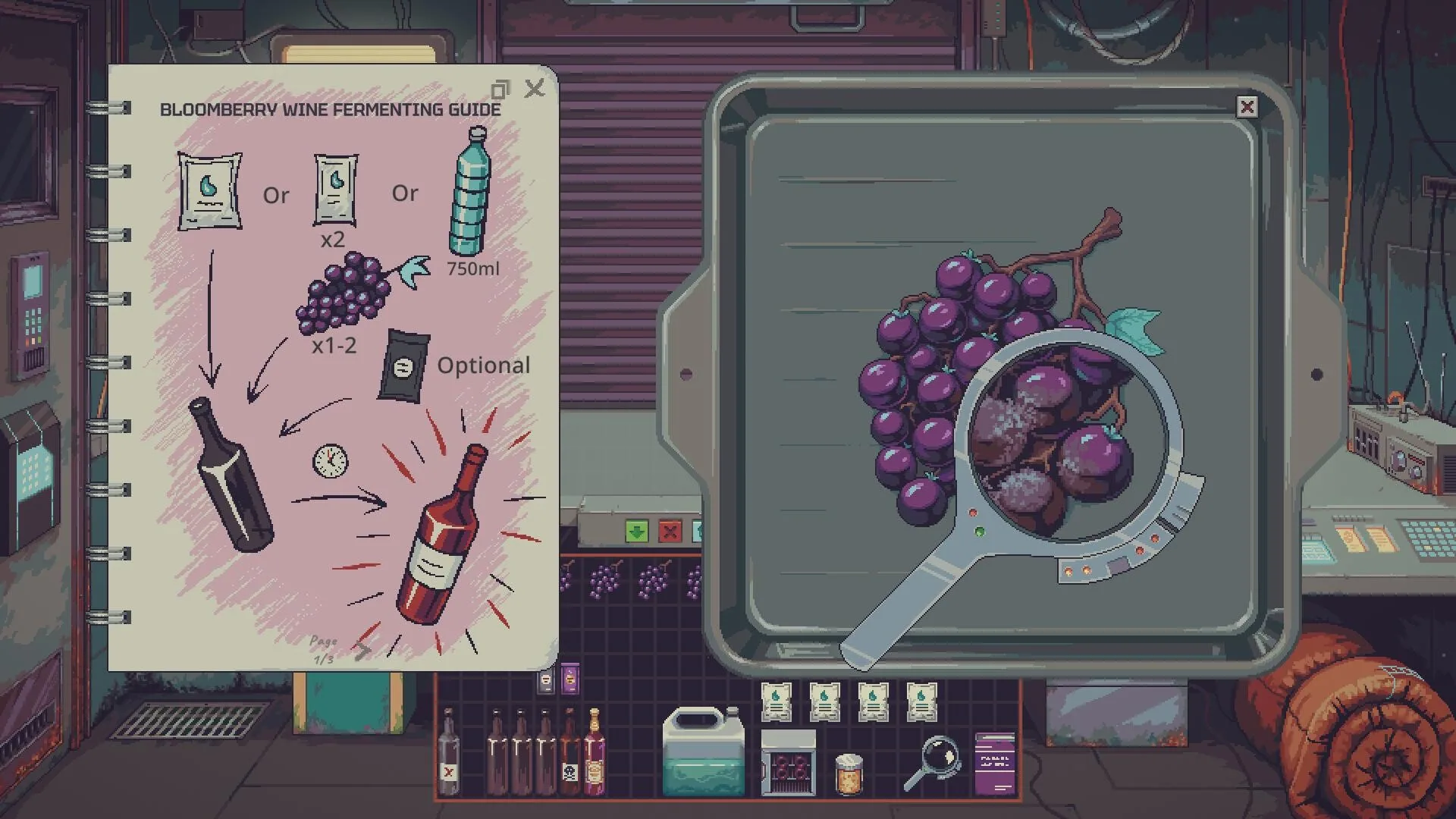 The BloomBerry Wine Fermenting Guide beside a bunch of berries under the magnifying glass