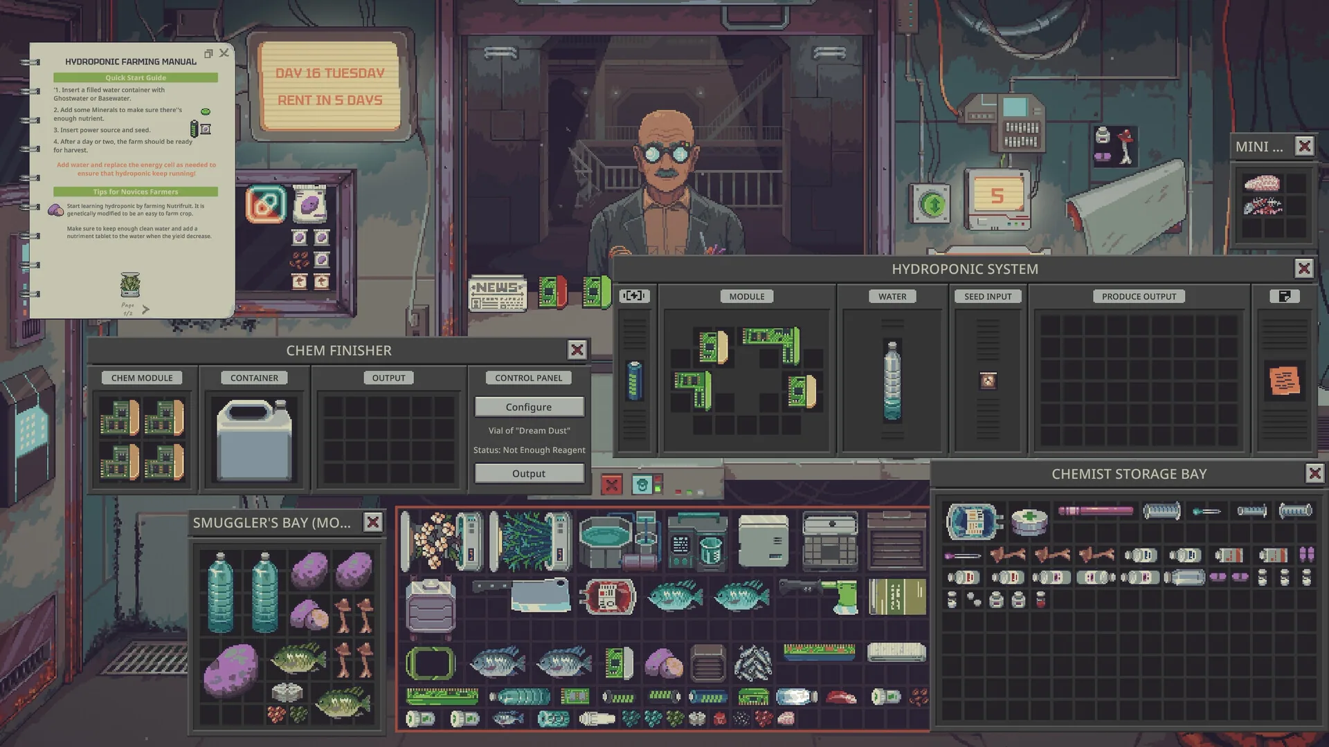 A cluttered shop on day 16 with whole fish in the stock grid and the Smuggler's Bay beside bottled water, produce and open machine windows