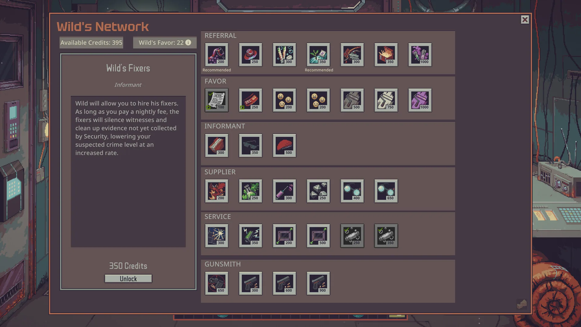 The Wild's Network window with the Wild's Fixers service open at 350 Credits, beside rows of upgrades for Referral, Favor, Informant, Supplier, Service and Gunsmith
