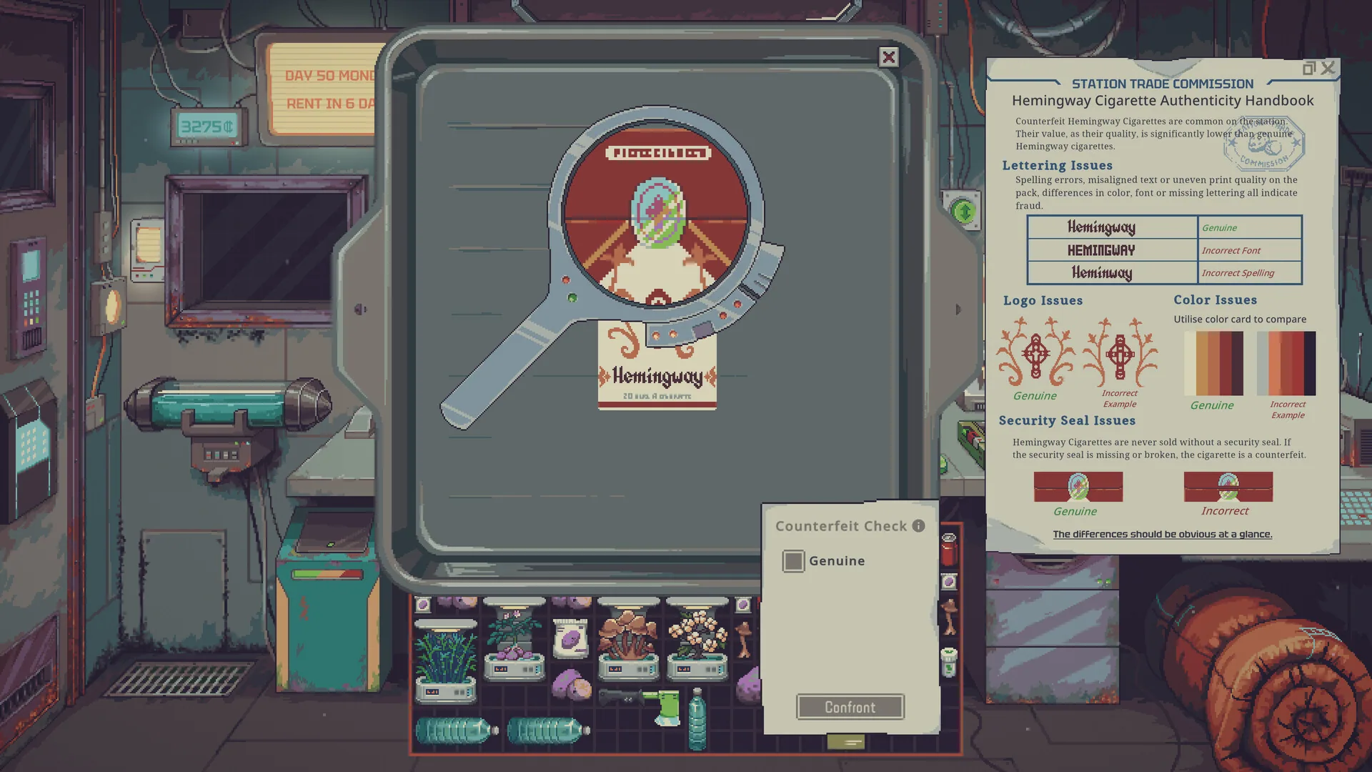 Hemingway cigarette pack under the magnifying glass with the Station Trade Commission authenticity handbook open and the Counterfeit Check panel showing a Confront button