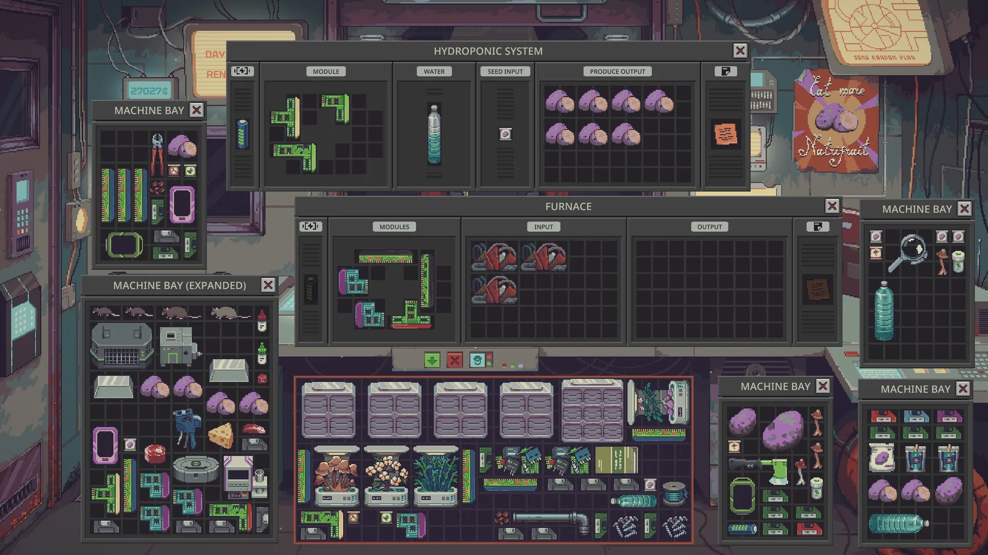 Hydroponic System, Furnace and several machine bays full of produce, ingots and parts waiting to be sold