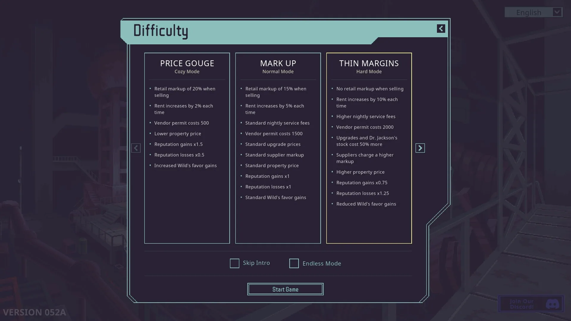 Difficulty screen comparing Price Gouge, Mark Up and Thin Margins, including rent increases and property price