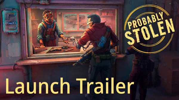 Launch trailer title card: an armed customer in a red jacket hands goods through the counter window to a shopkeeper in goggles
