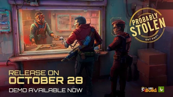 Announcement trailer title card: a shopkeeper passes a pistol through the counter window to an armed customer while a guard waits behind