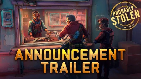 Probably Stolen key art: a shopkeeper passes a pistol through the counter window to an armed customer while a guard waits behind