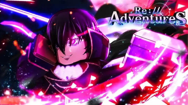 Purple-haired scythe fighter with the Re://Adventures logo