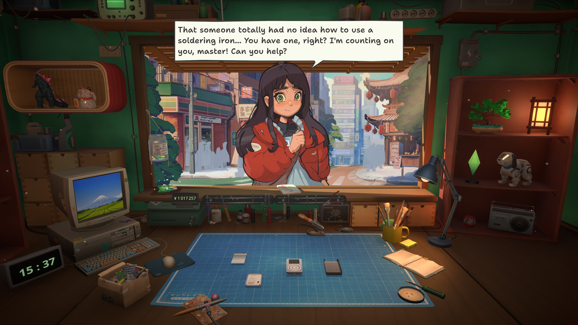 Electronics repair shop workbench with a customer speech bubble and a city street outside.