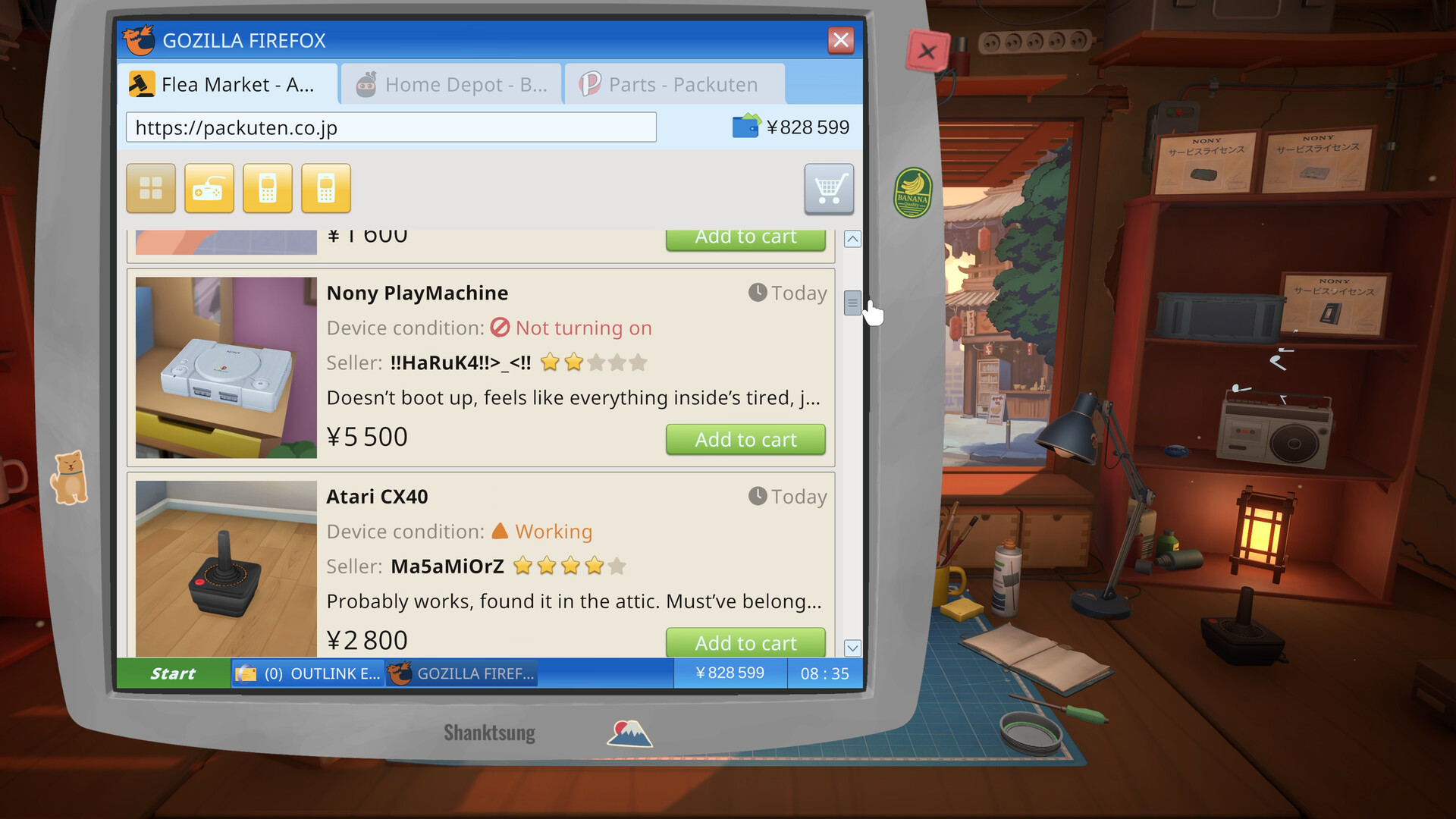 In-game retro web browser showing parts listings and a wallet balance.