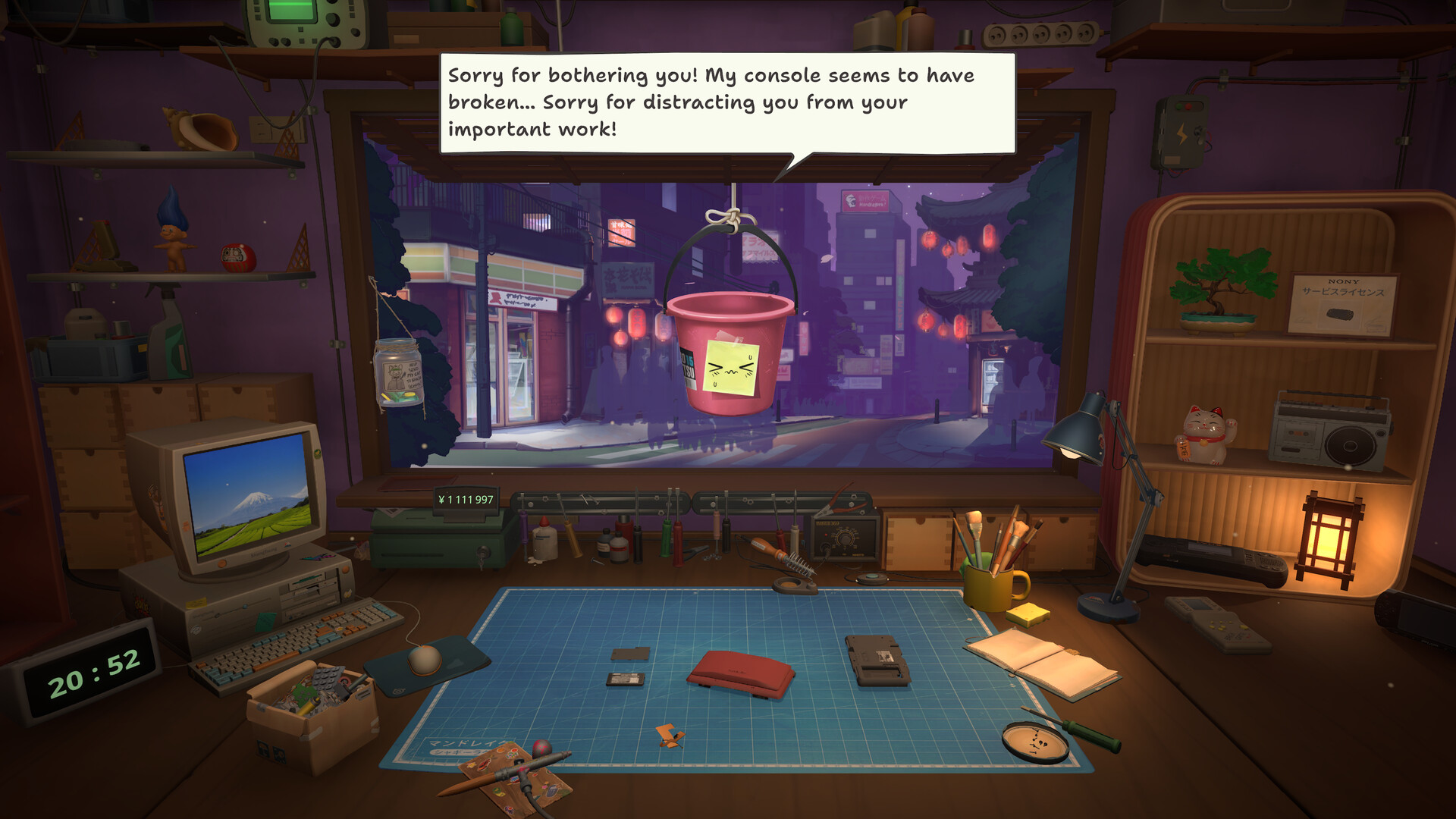 Repair shop workbench with a customer message, shelves and a red bucket hanging in the window.