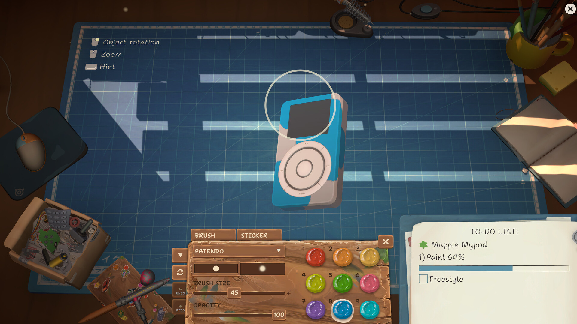 Paint customization screen for a MyPod with a brush, color palette and paint-progress task.