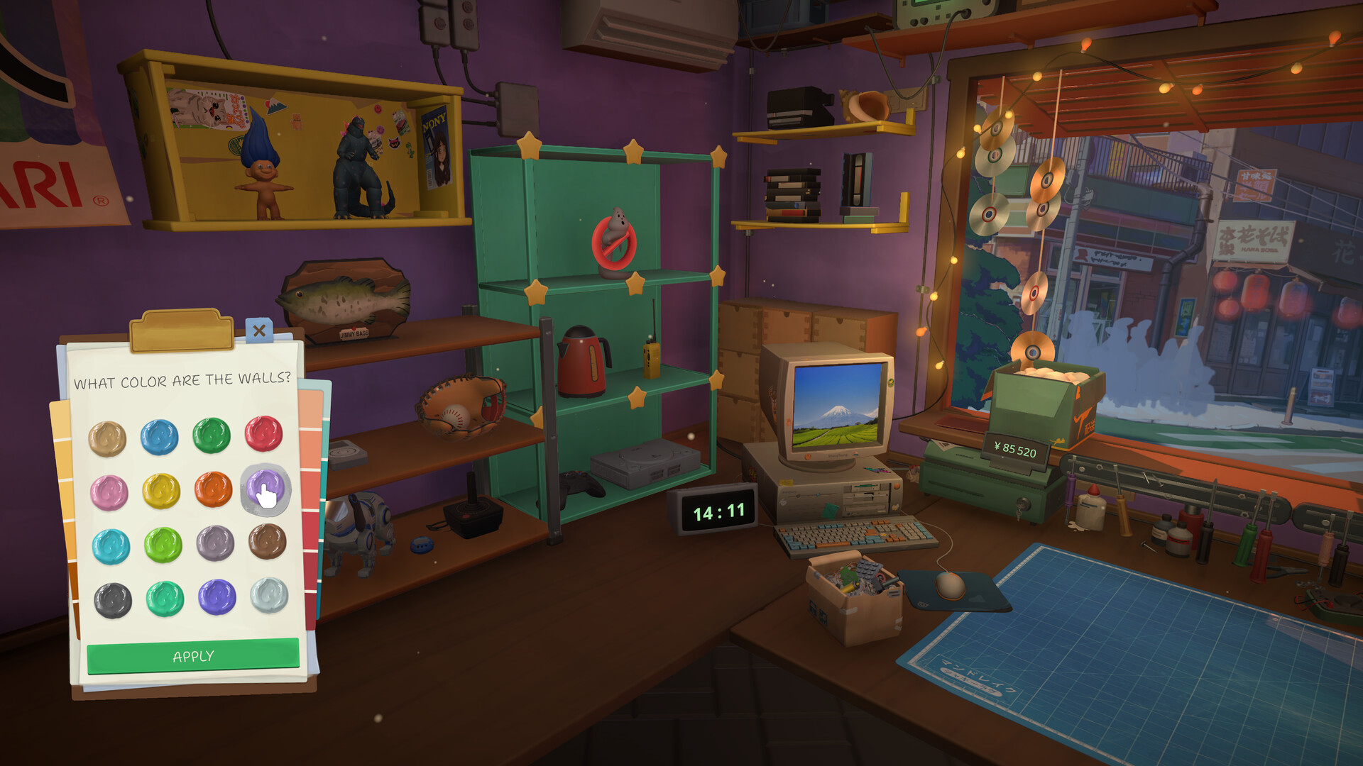 Repair shop interior with a wall-color choice panel, display shelves and a CRT computer.