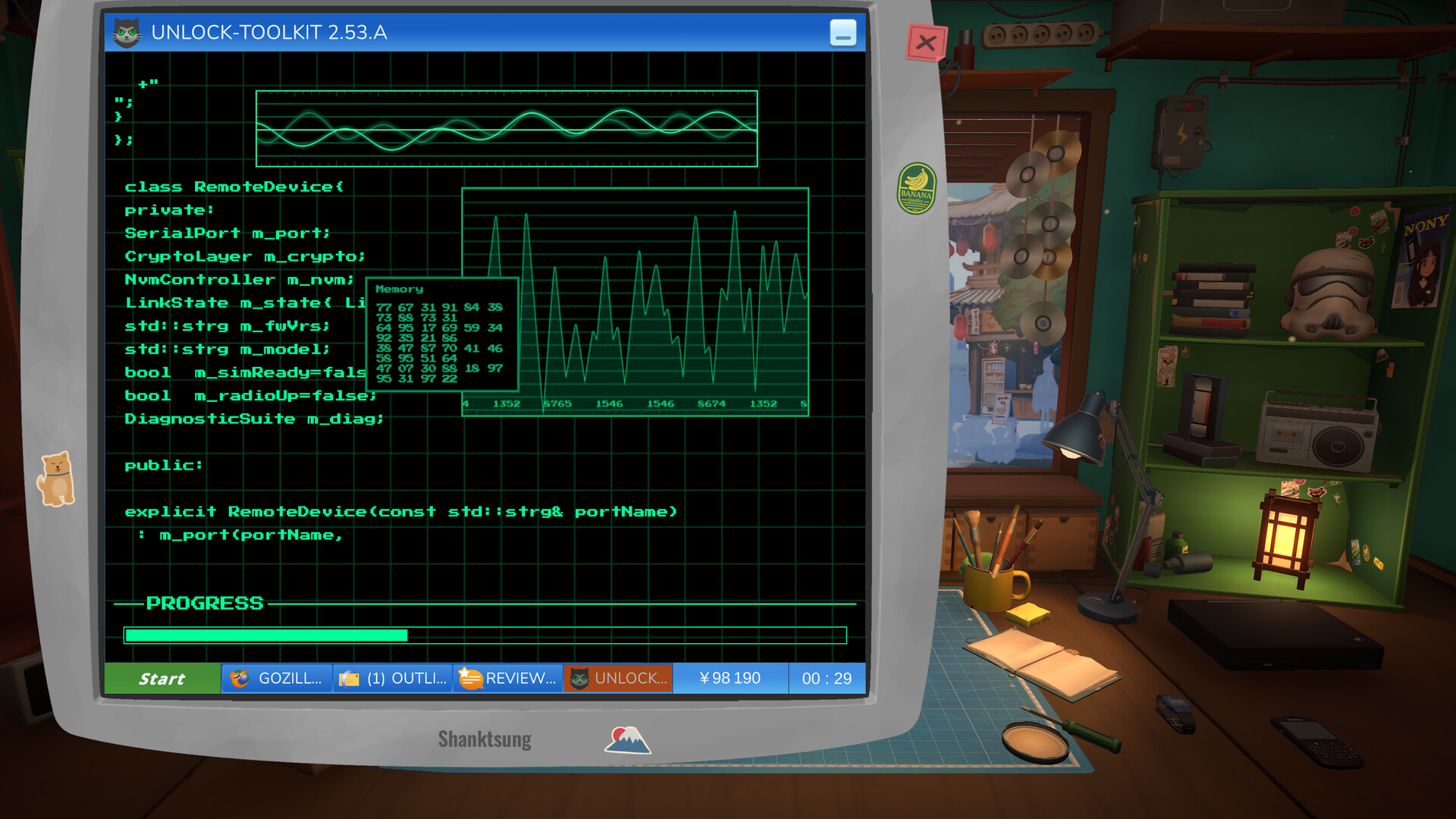 Retro diagnostic computer window with waveform graphs and an unlock-toolkit progress bar.