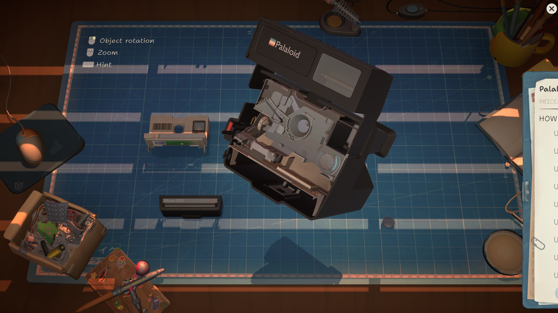 Opened Palaloid device with tape mechanism and loose cassette-like component on the workbench.