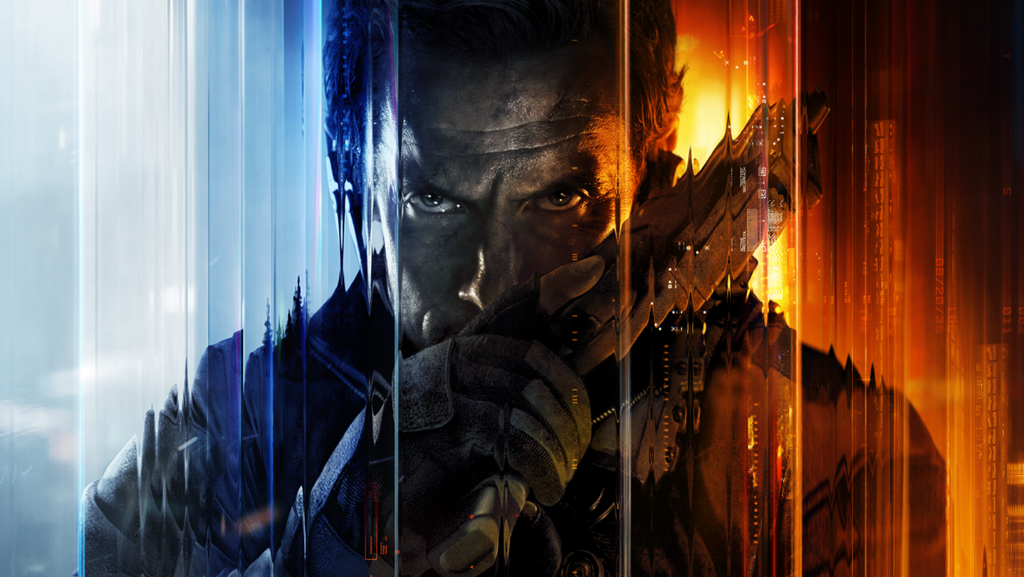 Wide Steam store background for Black Ops 7: the same operator faces the camera over a pistol, divided into cold blue and fire-orange vertical bands.