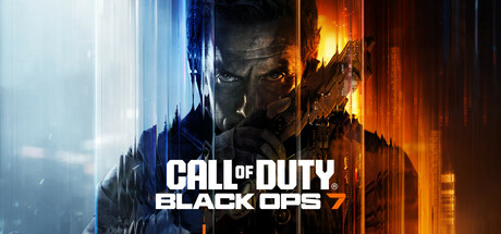 Call of Duty: Black Ops 7 Steam header: a close-up of an operator aiming a pistol, split between icy blue and burning orange, with the Black Ops 7 wordmark.