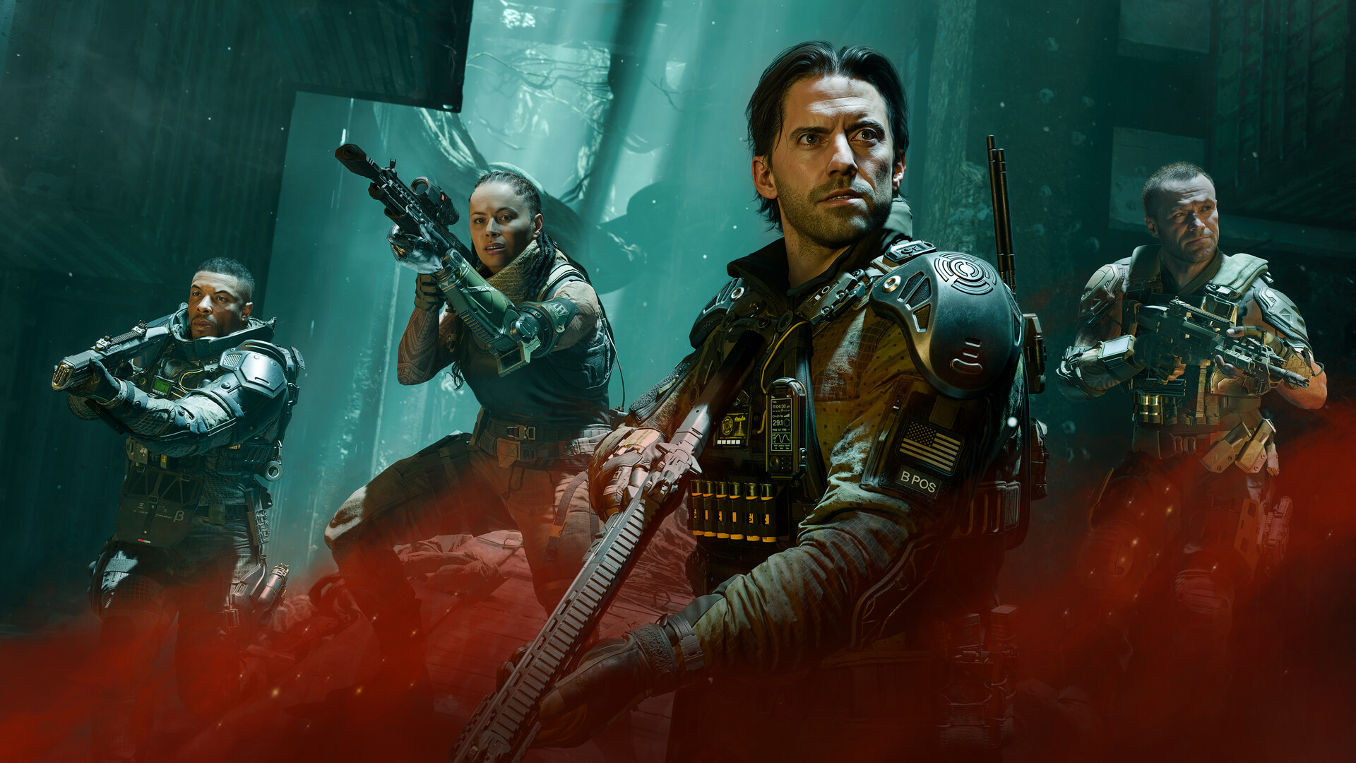 Four Black Ops 7 operators stand in a teal-lit ruined interior as red fog rises around their rifles.