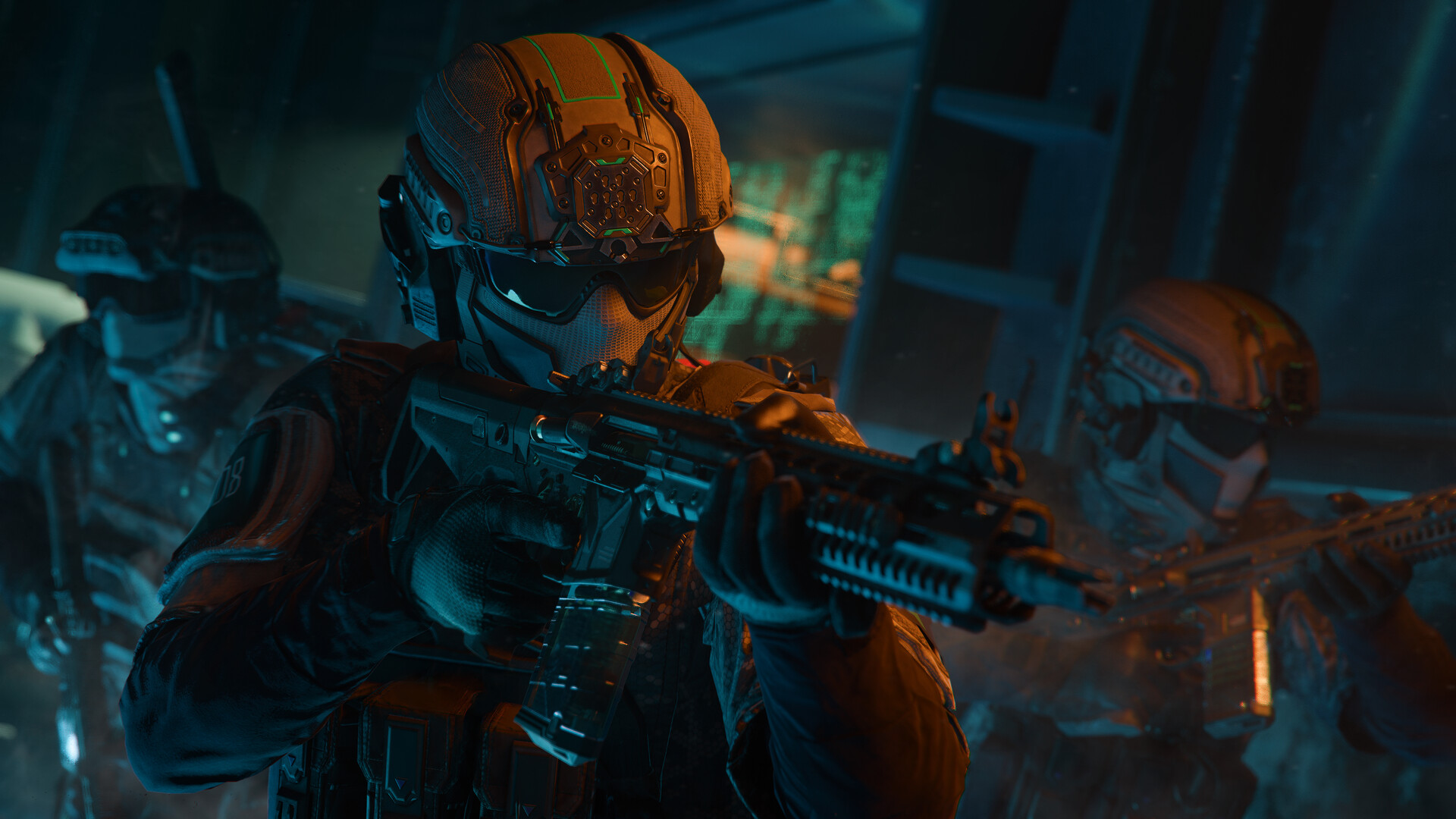 A visored operator in a tan helmet aims a carbine in a teal-lit interior while two teammates cover the flanks.