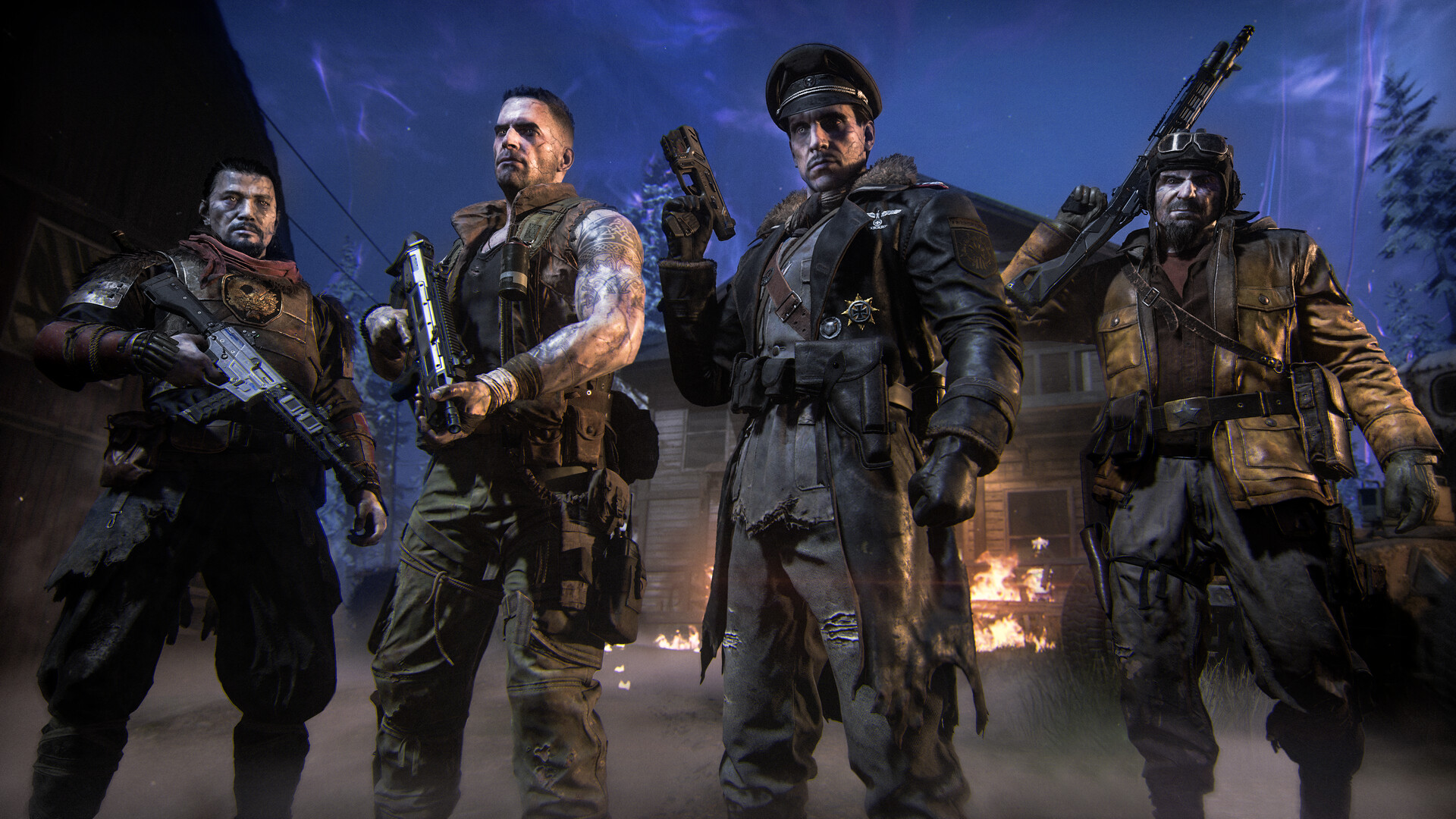 Four Black Ops 7 Zombies crew characters stand armed before a wooden house and night sky, including a peaked-cap officer and a bomber-jacket gunner.