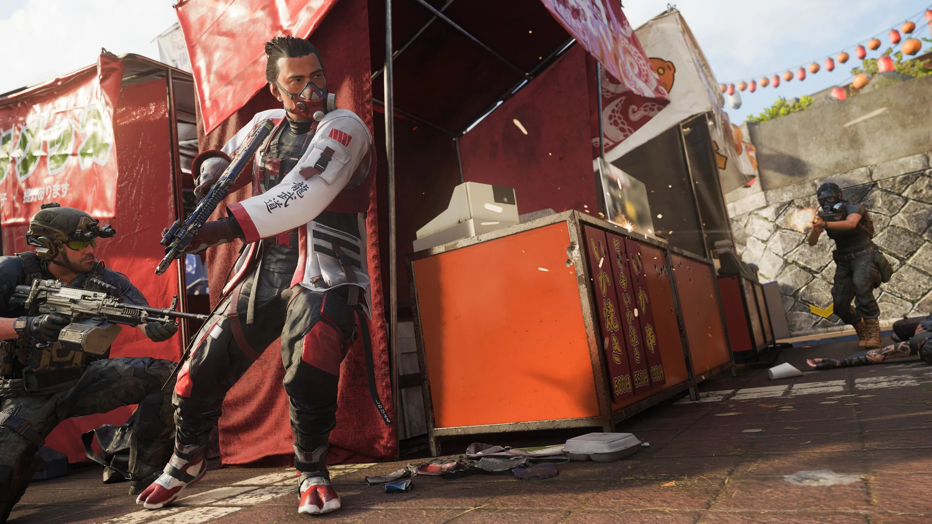 An operator in a red-and-white happi coat fights beside a festival food stall while teammates shoot from cover.