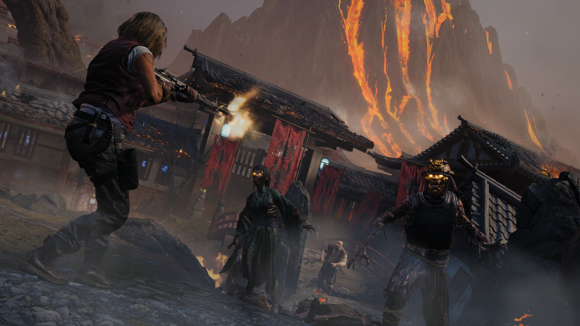 A woman fires a shotgun at glowing-eyed zombies in a Japanese village as lava pours down the mountain behind red-bannered houses. Host-game Zombies still, not labeled Rex Infernus.