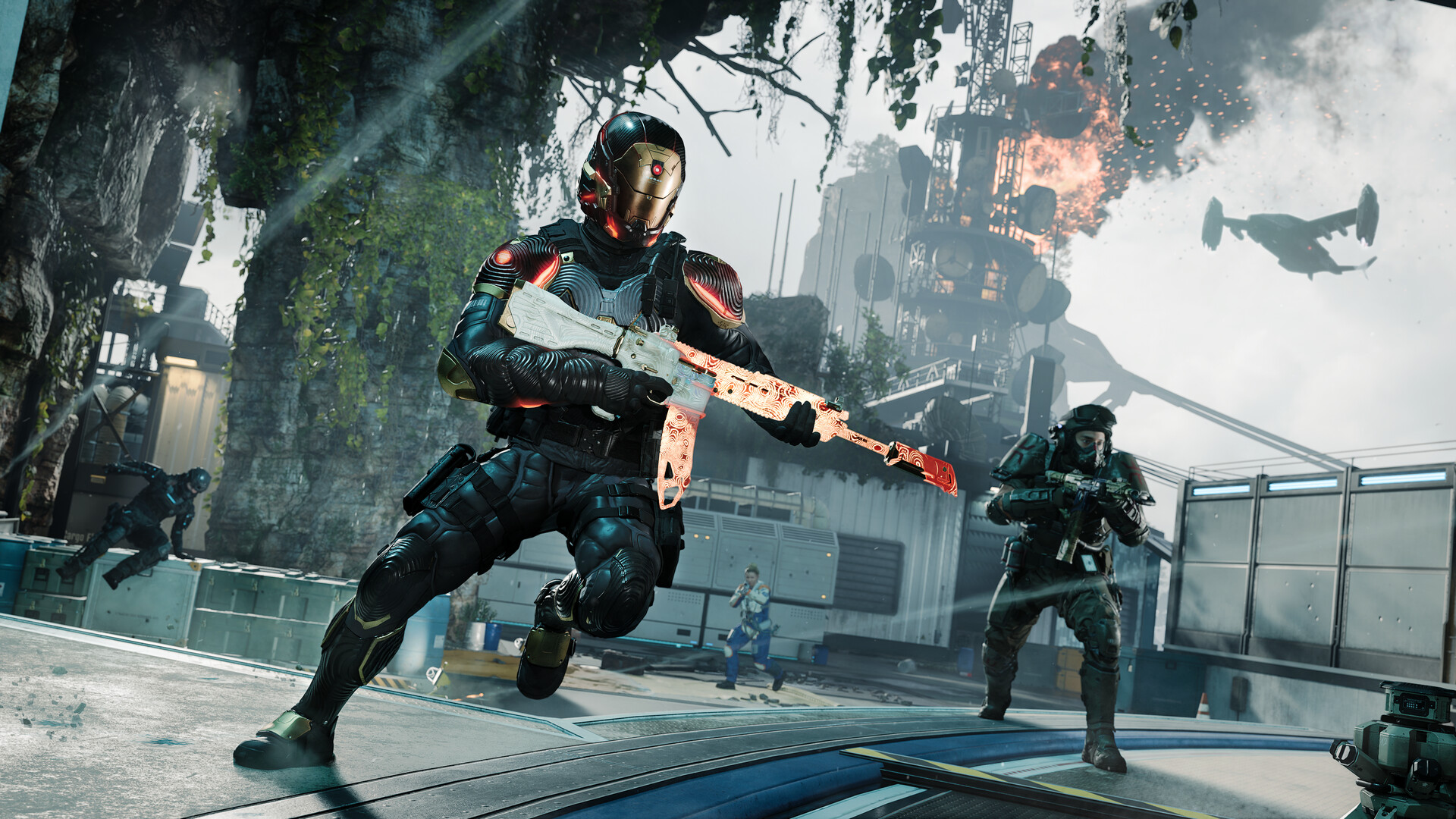 An operator in black-and-gold armor sprints across a high-tech platform holding a white rifle with an orange patterned camo, explosions and a helicopter behind.