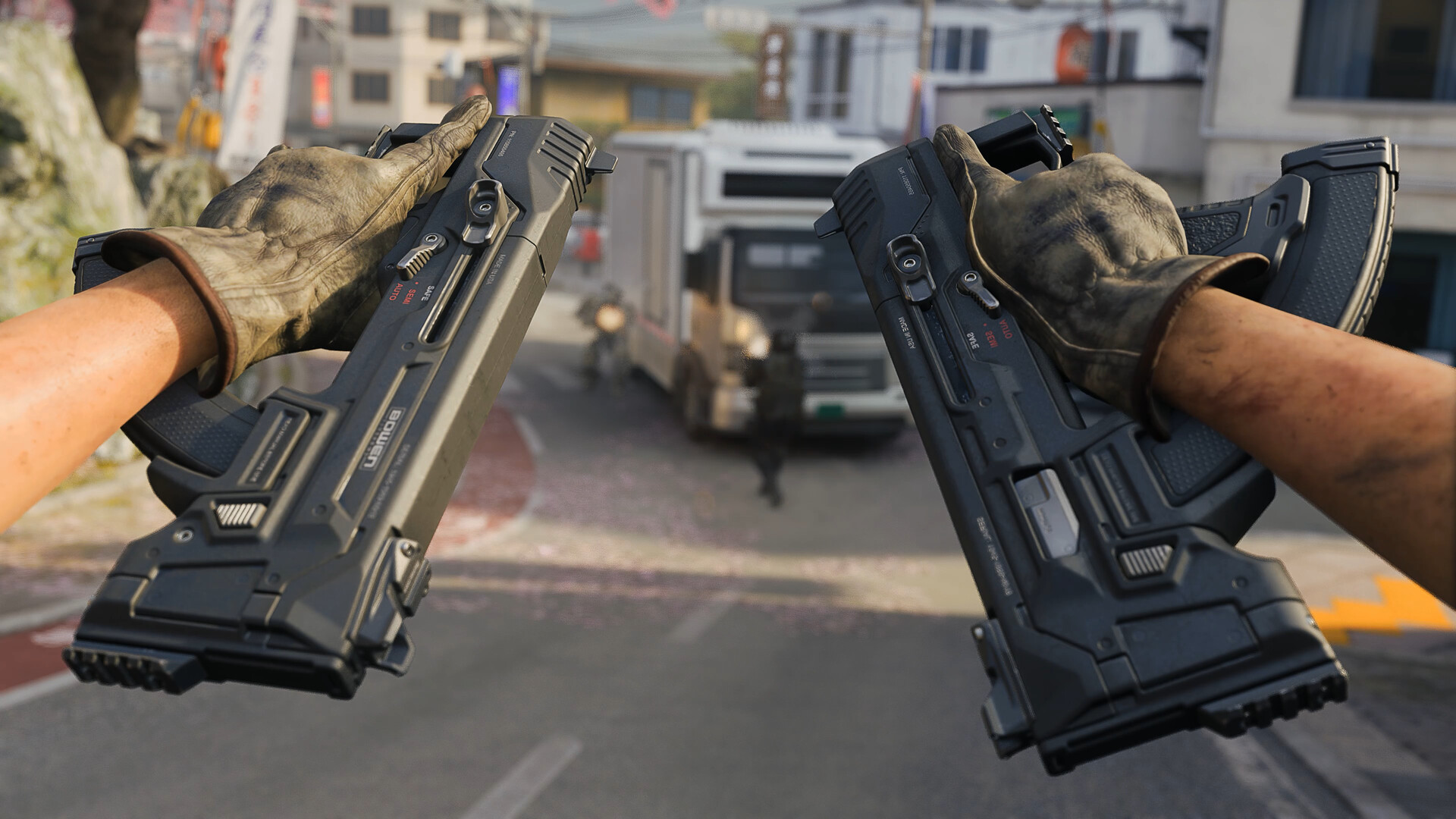 First-person view of gloved hands aiming two compact pistols down a city street toward a white truck and a distant enemy.