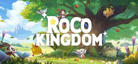 Roco Kingdom key art with the logo, Dimo and a group of Jinies