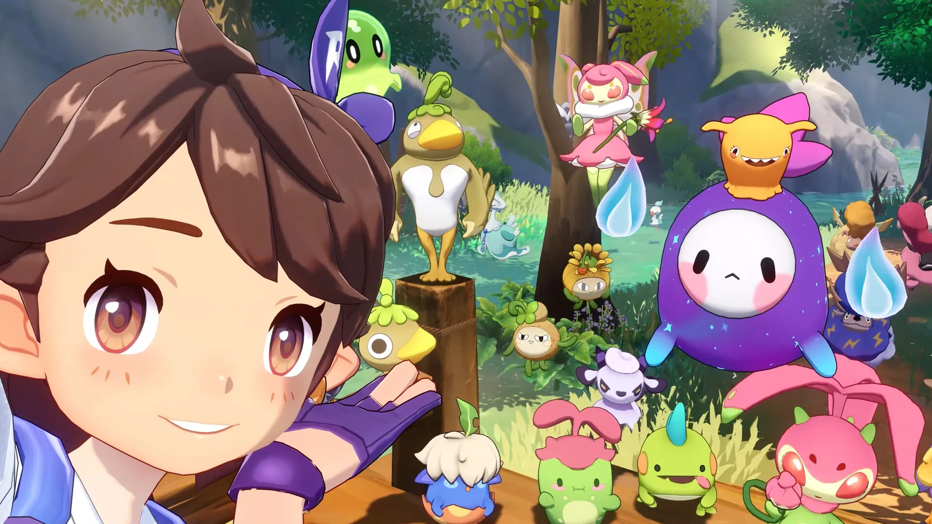 A Roco taking a selfie in a forest clearing crowded with Jinies