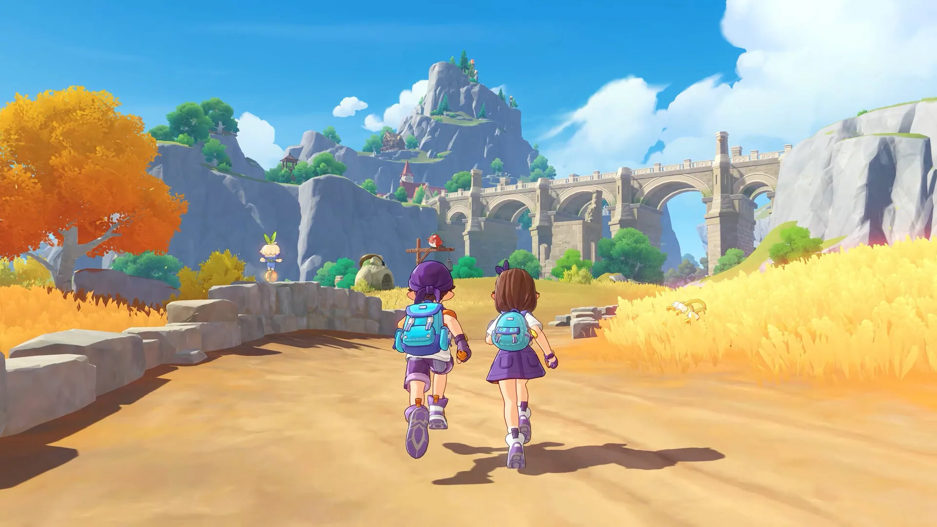 Two Rocos with backpacks running toward a stone viaduct