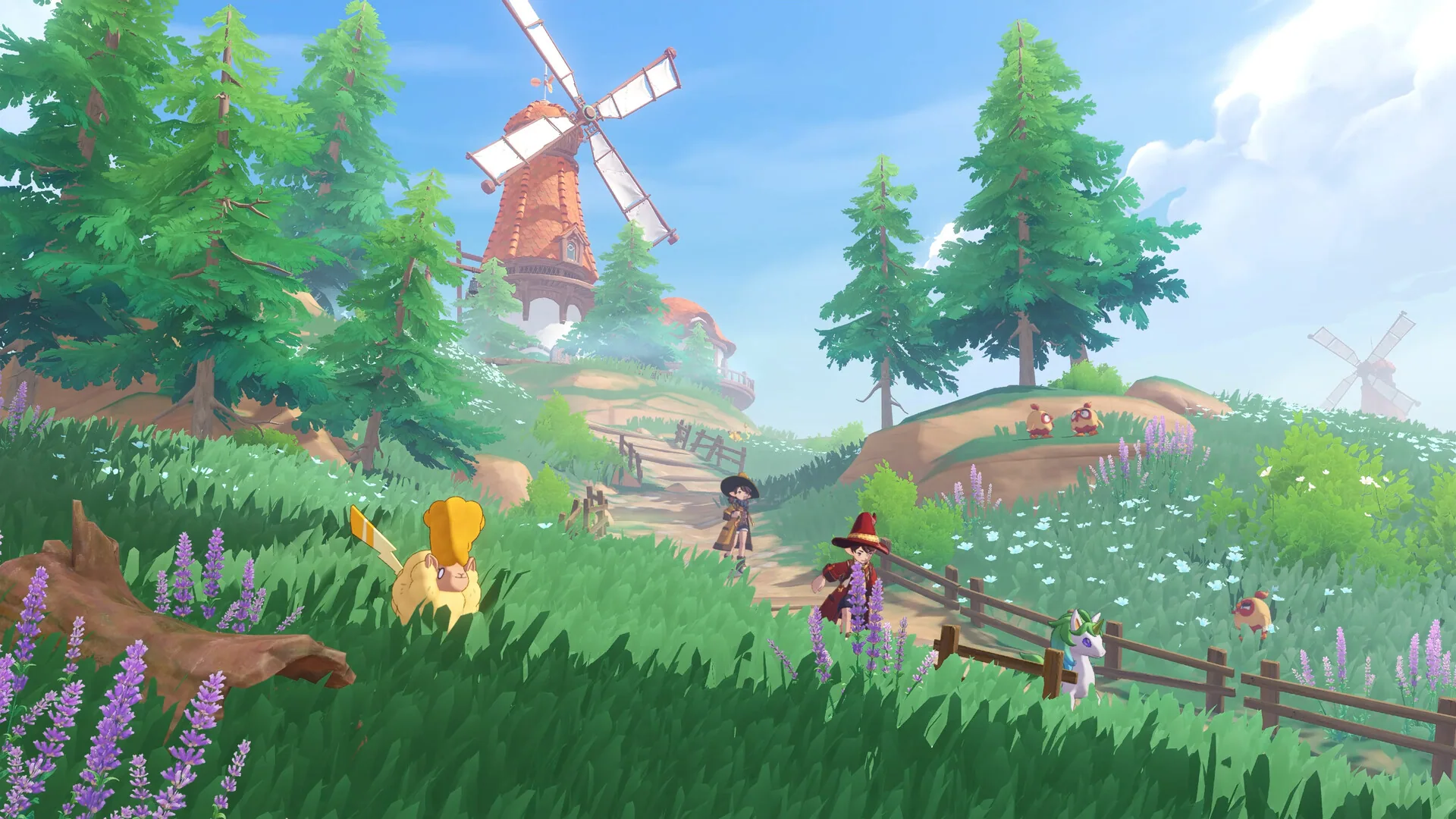 Rocos in witch hats walking among wild Jinies in a windmill meadow
