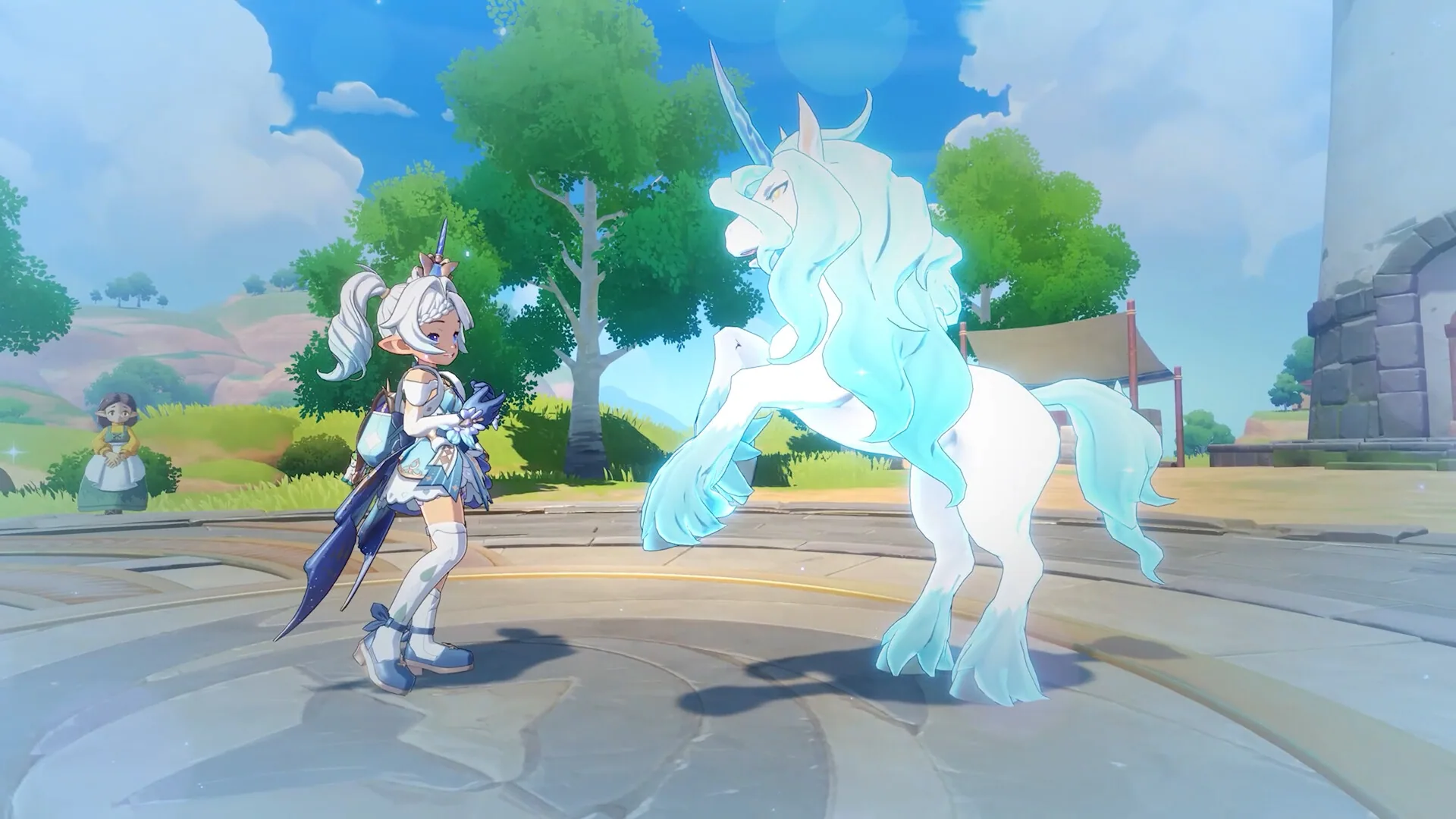 A Roco facing an ice-blue unicorn Jini in a castle courtyard