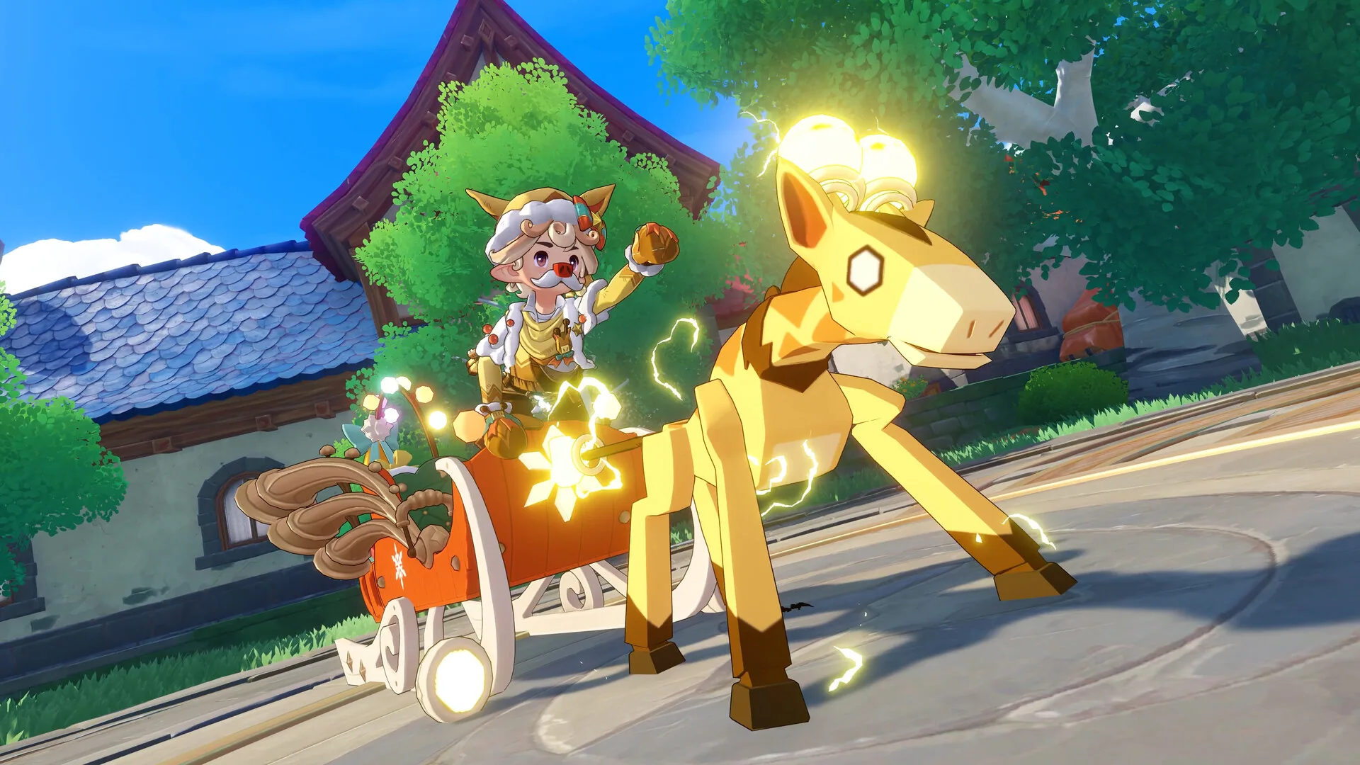 A Roco riding a cart pulled by a golden electric horse Jini through a village