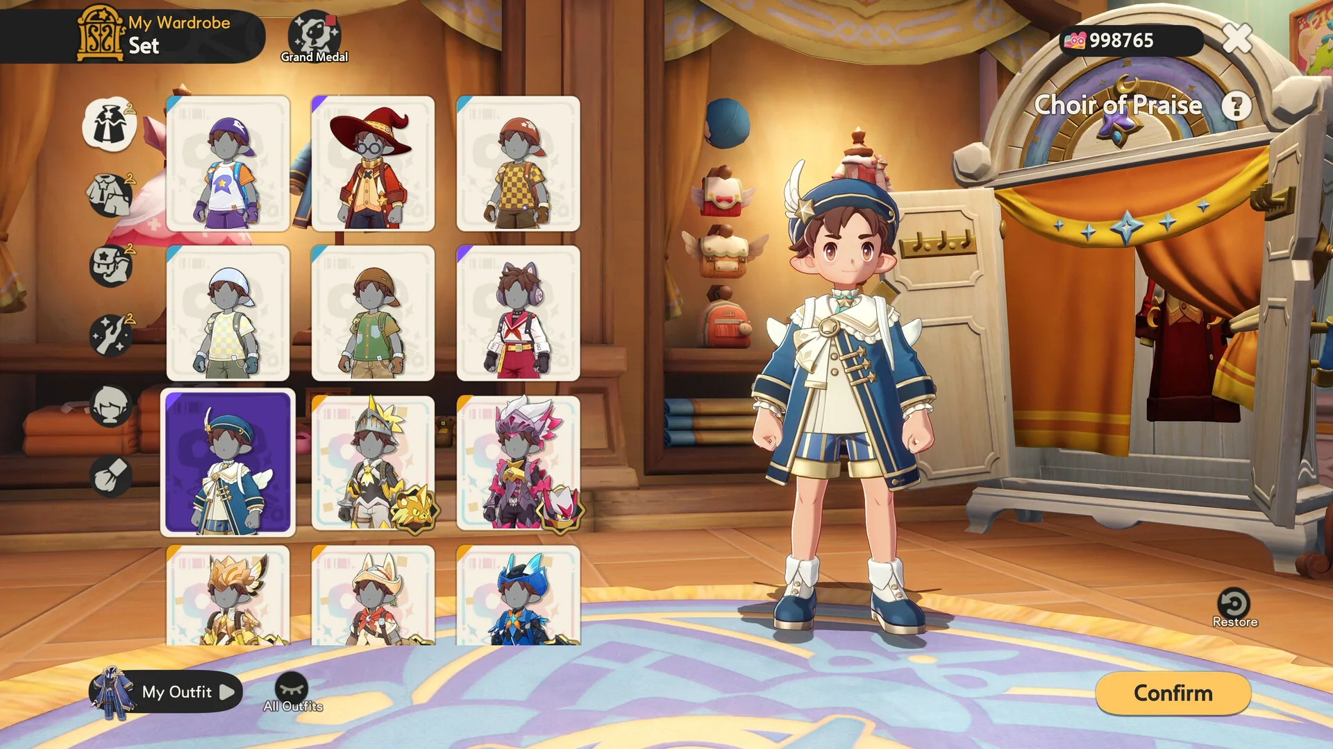 The My Wardrobe screen with outfit sets and the Choir of Praise costume