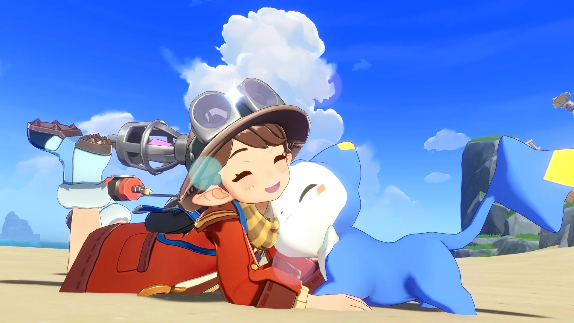 A Roco on the beach with a blue cat-like Jini