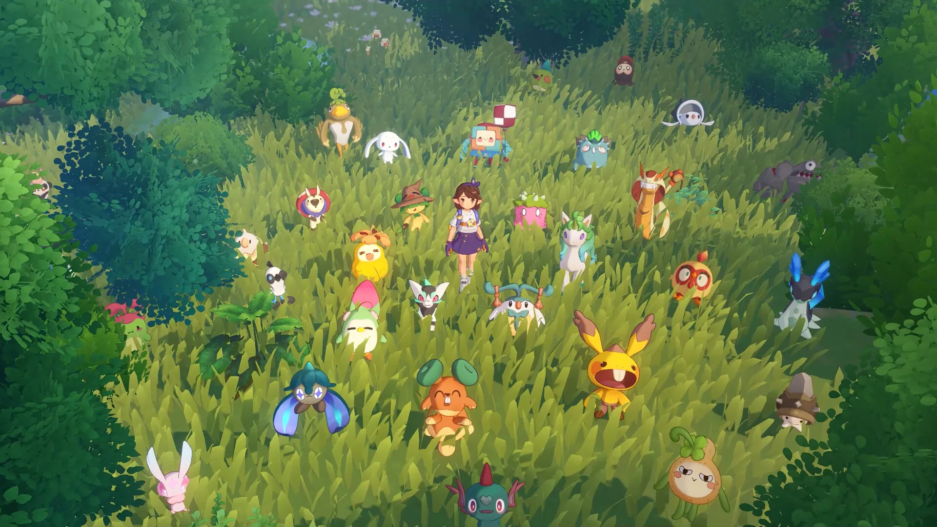 A Roco standing in tall grass surrounded by wild Jinies