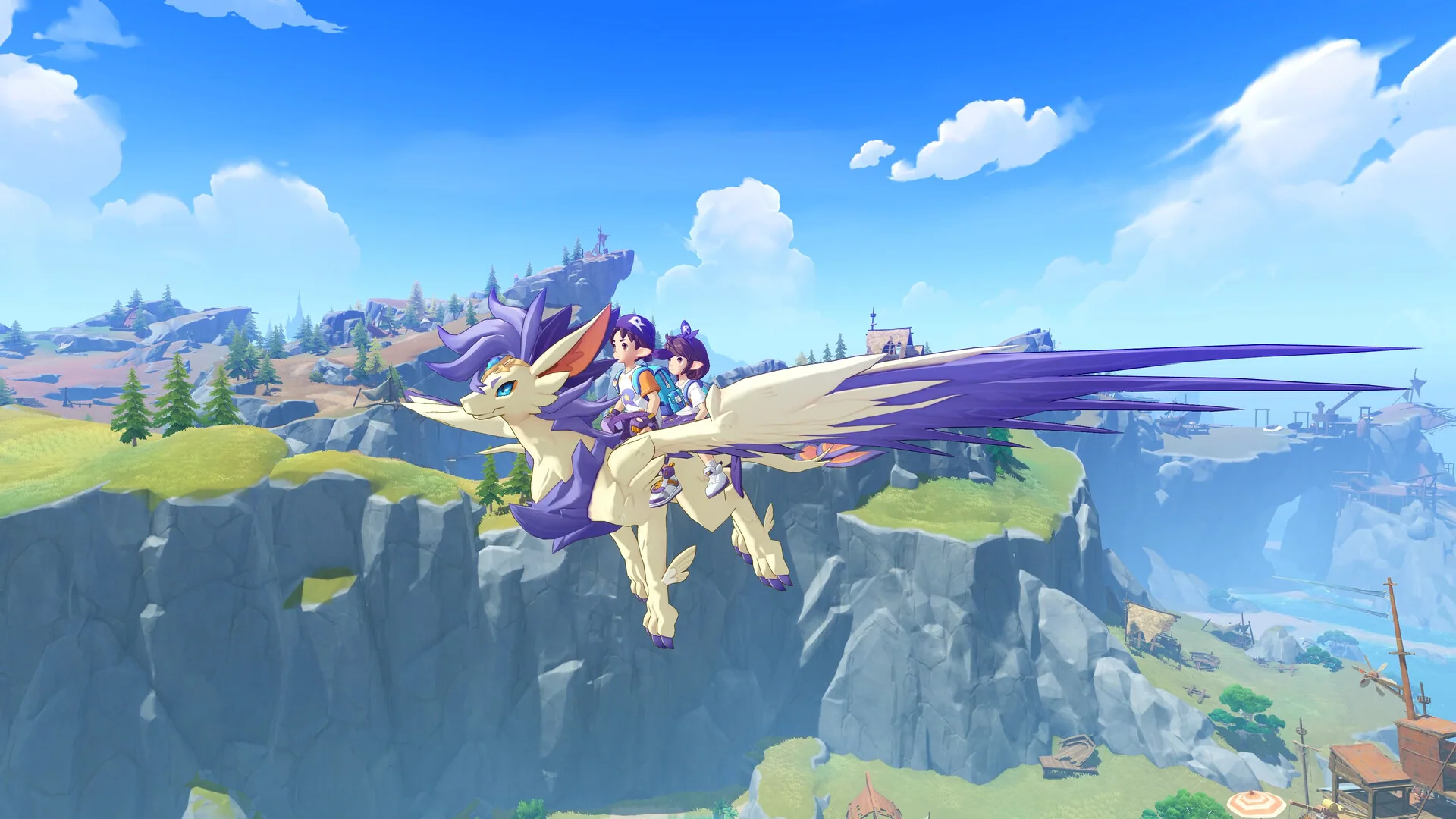 Two Rocos riding a winged Jini over sea cliffs