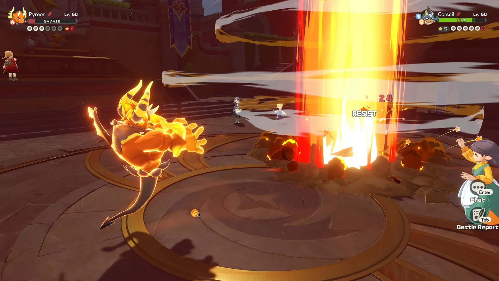 Pyreon at level 60 hitting with a pillar of fire in a battle arena