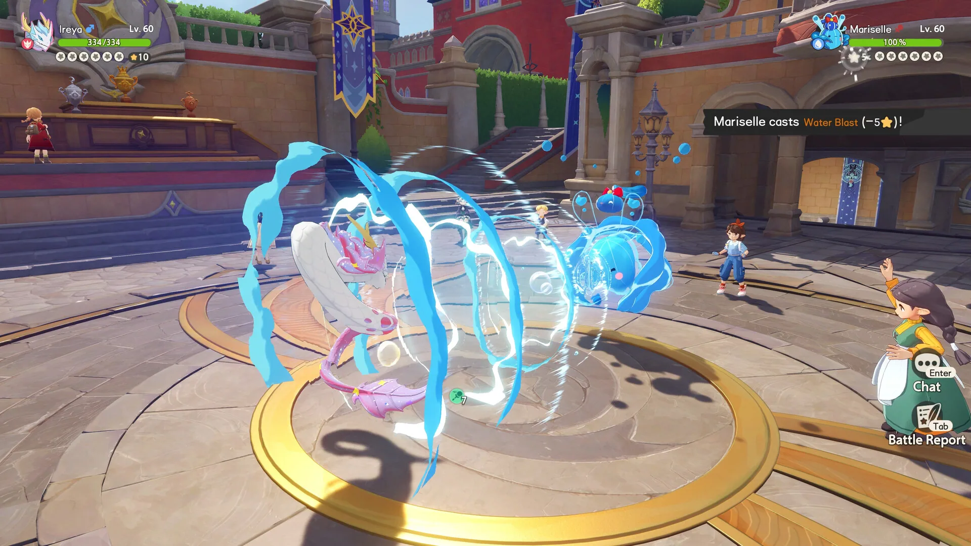 A Jini casting Water Blast against Ireyl in a courtyard battle