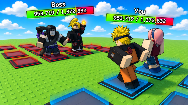 A player side and a boss side face each other on opposing arena pads in official experience media.